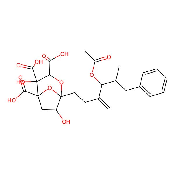 2D Structure of (1S,3S,4S,5R,7R)-1-[(4S,5R)-4-acetyloxy-5-methyl-3-methylidene-6-phenylhexyl]-4,7-dihydroxy-2,8-dioxabicyclo[3.2.1]octane-3,4,5-tricarboxylic acid