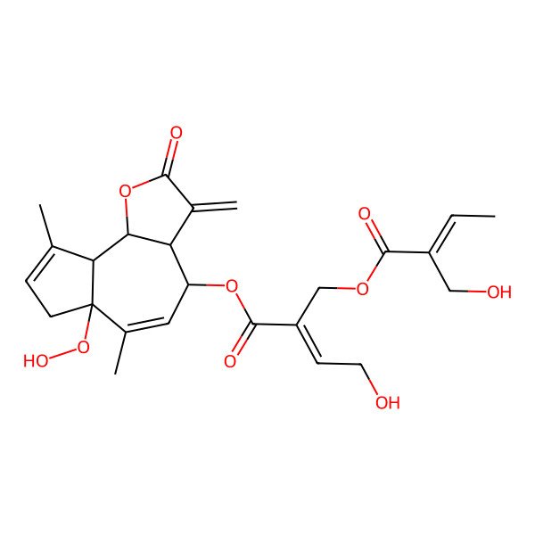 2D Structure of (6a-hydroperoxy-6,9-dimethyl-3-methylidene-2-oxo-4,7,9a,9b-tetrahydro-3aH-azuleno[4,5-b]furan-4-yl) 4-hydroxy-2-[2-(hydroxymethyl)but-2-enoyloxymethyl]but-2-enoate