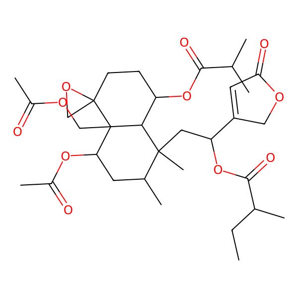 2D Structure of [2-[4-acetyloxy-4a-(acetyloxymethyl)-1,2-dimethyl-8-(2-methylpropanoyloxy)spiro[3,4,6,7,8,8a-hexahydro-2H-naphthalene-5,2'-oxirane]-1-yl]-1-(5-oxo-2H-furan-3-yl)ethyl] 2-methylbutanoate