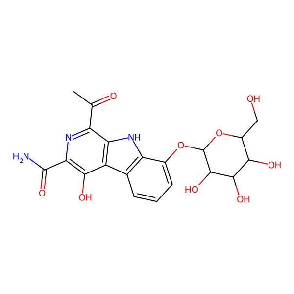 2D Structure of 1-acetyl-4-hydroxy-8-[3,4,5-trihydroxy-6-(hydroxymethyl)oxan-2-yl]oxy-9H-pyrido[3,4-b]indole-3-carboxamide