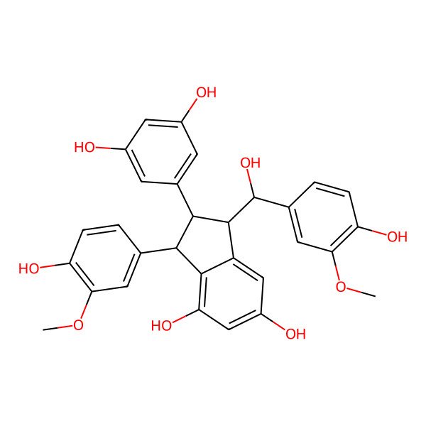 2D Structure of (1R,2S,3R)-2-(3,5-dihydroxyphenyl)-1-[(R)-hydroxy-(4-hydroxy-3-methoxyphenyl)methyl]-3-(4-hydroxy-3-methoxyphenyl)-2,3-dihydro-1H-indene-4,6-diol