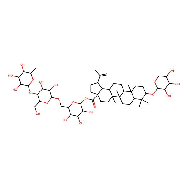 2D Structure of [(2S,3R,4S,5S,6R)-6-[[(2R,3R,4R,5S,6R)-3,4-dihydroxy-6-(hydroxymethyl)-5-[(2S,3R,4R,5R,6S)-3,4,5-trihydroxy-6-methyloxan-2-yl]oxyoxan-2-yl]oxymethyl]-3,4,5-trihydroxyoxan-2-yl] (1R,3aS,5aR,5bR,7aR,9S,11aR,11bR,13aR,13bR)-5a,5b,8,8,11a-pentamethyl-1-prop-1-en-2-yl-9-[(2S,3R,4S,5S)-3,4,5-trihydroxyoxan-2-yl]oxy-1,2,3,4,5,6,7,7a,9,10,11,11b,12,13,13a,13b-hexadecahydrocyclopenta[a]chrysene-3a-carboxylate