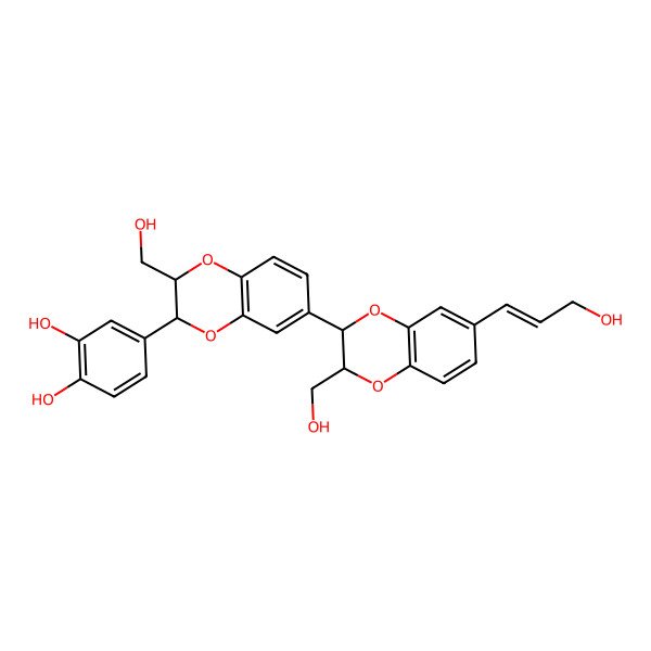 2D Structure of 4-[2-(Hydroxymethyl)-6-[2-(hydroxymethyl)-6-(3-hydroxyprop-1-enyl)-2,3-dihydro-1,4-benzodioxin-3-yl]-2,3-dihydro-1,4-benzodioxin-3-yl]benzene-1,2-diol