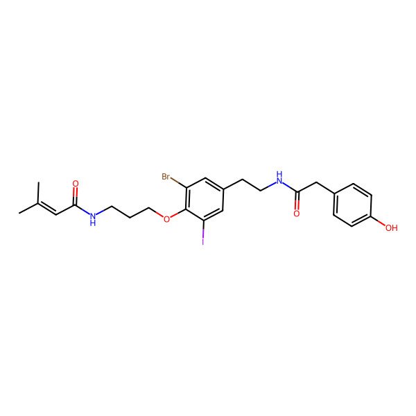 2D Structure of N-[3-[2-bromo-4-[2-[[2-(4-hydroxyphenyl)acetyl]amino]ethyl]-6-iodophenoxy]propyl]-3-methylbut-2-enamide