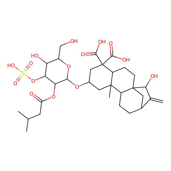 2D Structure of 15-Hydroxy-7-[5-hydroxy-6-(hydroxymethyl)-3-(3-methylbutanoyloxy)-4-sulfooxyoxan-2-yl]oxy-9-methyl-14-methylidenetetracyclo[11.2.1.01,10.04,9]hexadecane-5,5-dicarboxylic acid