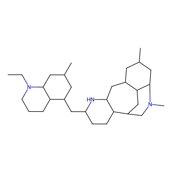2D Structure of (1S,2R,5S,7S,9S,11R,13S,17R)-5-[[(4aS,5R,7S,8aR)-1-ethyl-7-methyl-3,4,4a,5,6,7,8,8a-octahydro-2H-quinolin-5-yl]methyl]-11,14-dimethyl-6,14-diazatetracyclo[7.6.2.02,7.013,17]heptadecane