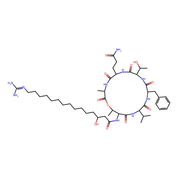 2D Structure of (3R)-N-[(3R,6R,9R,12S,15R,18S,19R)-6-(3-amino-3-oxopropyl)-12-benzyl-9-[(1R)-1-hydroxyethyl]-3,19-dimethyl-2,5,8,11,14,17-hexaoxo-15-propan-2-yl-1-oxa-4,7,10,13,16-pentazacyclononadec-18-yl]-15-(diaminomethylideneamino)-3-hydroxypentadecanamide