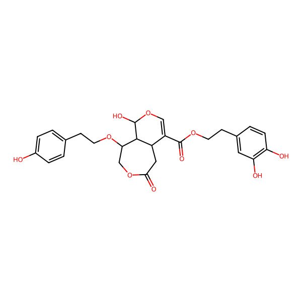 2D Structure of 2-(3,4-Dihydroxyphenyl)ethyl 1-hydroxy-9-[2-(4-hydroxyphenyl)ethoxy]-6-oxo-1,4a,5,8,9,9a-hexahydropyrano[3,4-d]oxepine-4-carboxylate