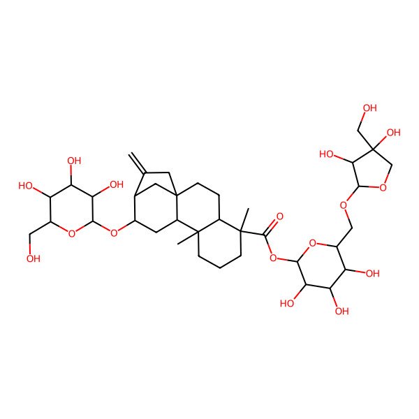 2D Structure of [(2S,3R,4S,5S,6R)-6-[[(2R,3R,4R)-3,4-dihydroxy-4-(hydroxymethyl)oxolan-2-yl]oxymethyl]-3,4,5-trihydroxyoxan-2-yl] (1S,4S,5R,9S,10R,12R,13R)-5,9-dimethyl-14-methylidene-12-[(2R,3R,4S,5S,6R)-3,4,5-trihydroxy-6-(hydroxymethyl)oxan-2-yl]oxytetracyclo[11.2.1.01,10.04,9]hexadecane-5-carboxylate