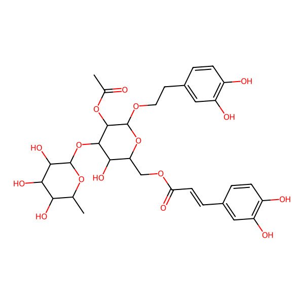 2D Structure of [5-Acetyloxy-6-[2-(3,4-dihydroxyphenyl)ethoxy]-3-hydroxy-4-(3,4,5-trihydroxy-6-methyloxan-2-yl)oxyoxan-2-yl]methyl 3-(3,4-dihydroxyphenyl)prop-2-enoate