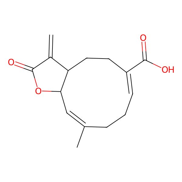 2D Structure of (3aS,6E,10E,11aR)-10-methyl-3-methylidene-2-oxo-3a,4,5,8,9,11a-hexahydrocyclodeca[b]furan-6-carboxylic acid