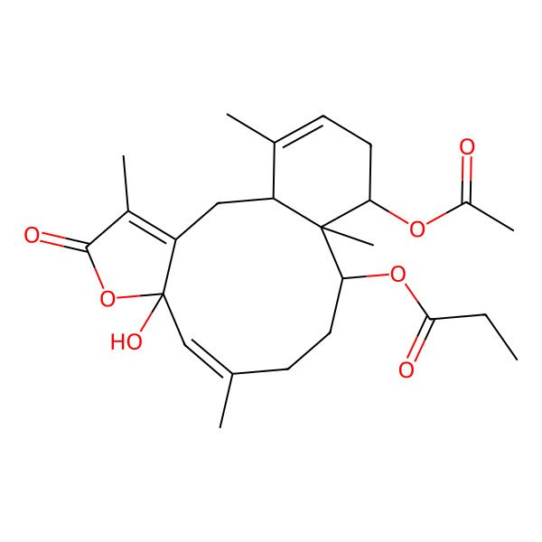 2D Structure of (14-Acetyloxy-7-hydroxy-4,9,13,17-tetramethyl-5-oxo-6-oxatricyclo[11.4.0.03,7]heptadeca-3,8,16-trien-12-yl) propanoate