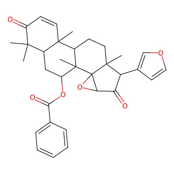 2D Structure of [6-(Furan-3-yl)-1,7,11,15,15-pentamethyl-5,14-dioxo-3-oxapentacyclo[8.8.0.02,4.02,7.011,16]octadec-12-en-18-yl] benzoate