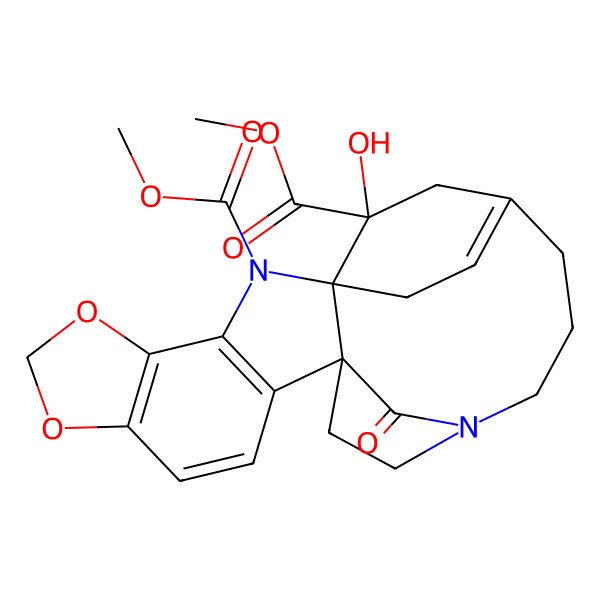 2D Structure of dimethyl (1S,12S,21S)-21-hydroxy-24-oxo-5,7-dioxa-2,15-diazahexacyclo[17.2.2.112,15.01,12.03,11.04,8]tetracosa-3(11),4(8),9,19(23)-tetraene-2,21-dicarboxylate
