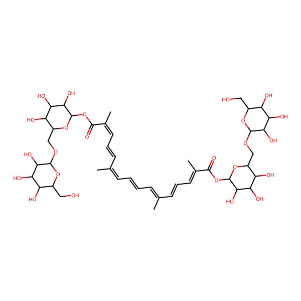 2D Structure of bis[(2S,3R,4S,5S,6R)-3,4,5-trihydroxy-6-[[(2R,3S,4S,5S,6R)-3,4,5-trihydroxy-6-(hydroxymethyl)oxan-2-yl]oxymethyl]oxan-2-yl] (2E,4E,6E,8E,10E,12E,14E)-2,6,11,15-tetramethylhexadeca-2,4,6,8,10,12,14-heptaenedioate