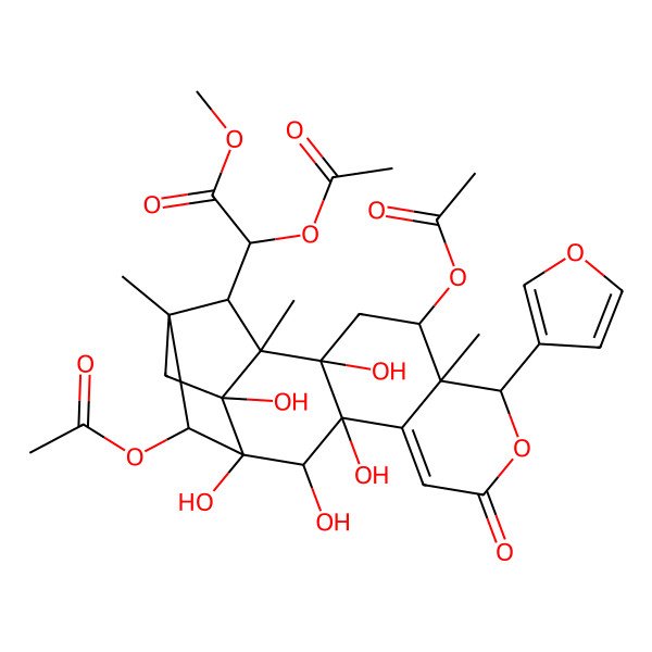2D Structure of methyl (2S)-2-acetyloxy-2-[(1R,2R,4R,5R,6R,11S,12S,13S,14R,15R,17S,18R)-4,14-diacetyloxy-6-(furan-3-yl)-2,11,12,13,17-pentahydroxy-1,5,15-trimethyl-8-oxo-7-oxapentacyclo[13.2.1.02,11.05,10.013,17]octadec-9-en-18-yl]acetate