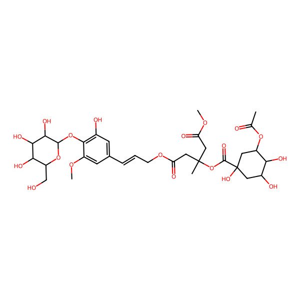 2D Structure of 1-O-[(E)-3-[3-hydroxy-5-methoxy-4-[(2S,3R,4S,5S,6R)-3,4,5-trihydroxy-6-(hydroxymethyl)oxan-2-yl]oxyphenyl]prop-2-enyl] 5-O-methyl (3S)-3-[(1S,3R,4R,5R)-3-acetyloxy-1,4,5-trihydroxycyclohexanecarbonyl]oxy-3-methylpentanedioate