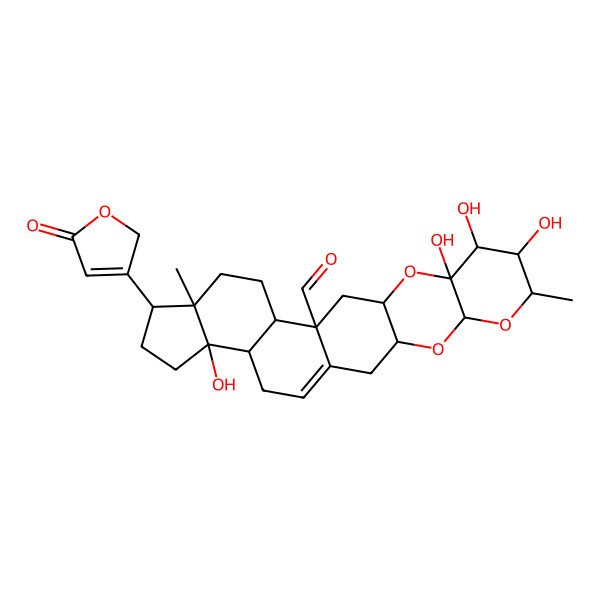 2D Structure of 8,9,10,22-tetrahydroxy-7,18-dimethyl-19-(5-oxo-2H-furan-3-yl)-4,6,11-trioxahexacyclo[12.11.0.03,12.05,10.015,23.018,22]pentacos-1(25)-ene-14-carbaldehyde