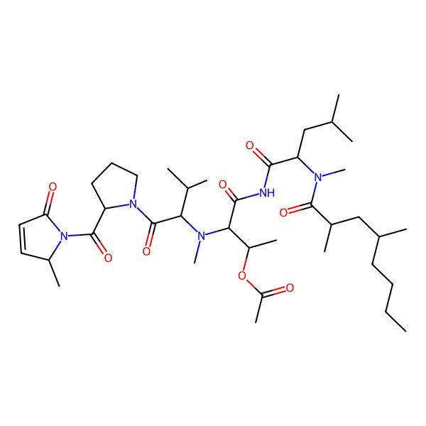 2D Structure of [(2R,3S)-4-[[(2S)-2-[[(2R,4R)-2,4-dimethyloctanoyl]-methylamino]-4-methylpentanoyl]amino]-3-[methyl-[(2S)-3-methyl-1-[(2S)-2-[(2S)-2-methyl-5-oxo-2H-pyrrole-1-carbonyl]pyrrolidin-1-yl]-1-oxobutan-2-yl]amino]-4-oxobutan-2-yl] acetate