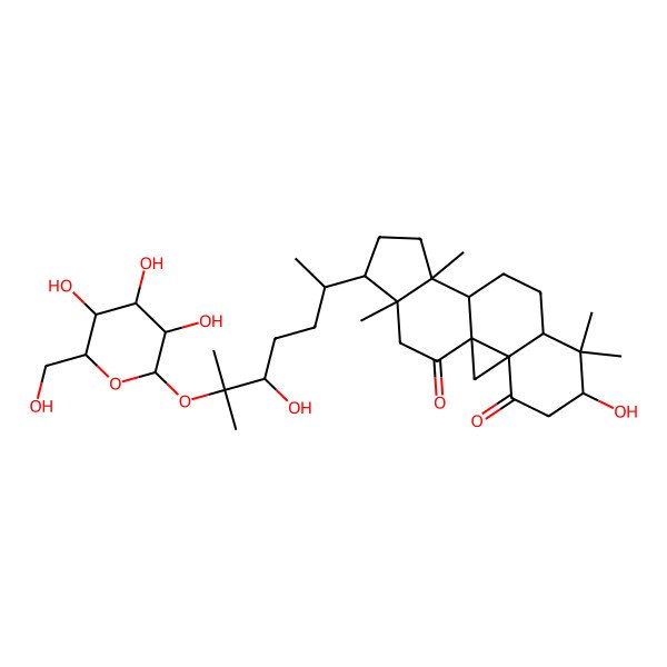 2D Structure of 6-Hydroxy-15-[5-hydroxy-6-methyl-6-[3,4,5-trihydroxy-6-(hydroxymethyl)oxan-2-yl]oxyheptan-2-yl]-7,7,12,16-tetramethylpentacyclo[9.7.0.01,3.03,8.012,16]octadecane-4,18-dione
