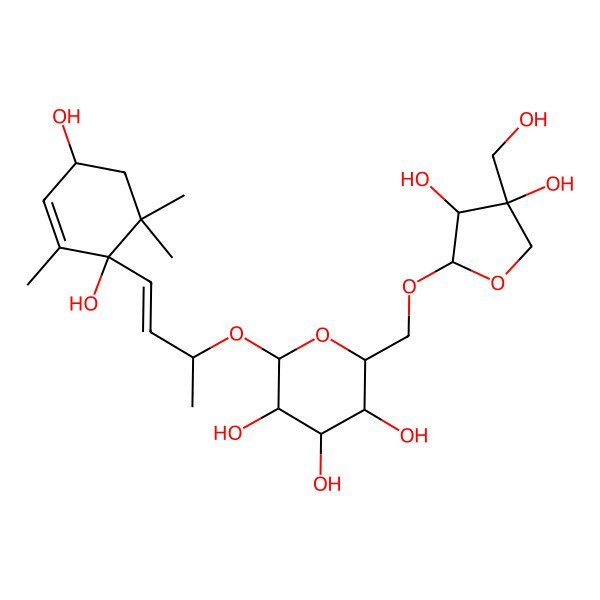 2D Structure of (2R,3S,4S,5R,6S)-2-[[(2R,3R,4R)-3,4-dihydroxy-4-(hydroxymethyl)oxolan-2-yl]oxymethyl]-6-[(E,2R)-4-[(1S,4S)-1,4-dihydroxy-2,6,6-trimethylcyclohex-2-en-1-yl]but-3-en-2-yl]oxyoxane-3,4,5-triol