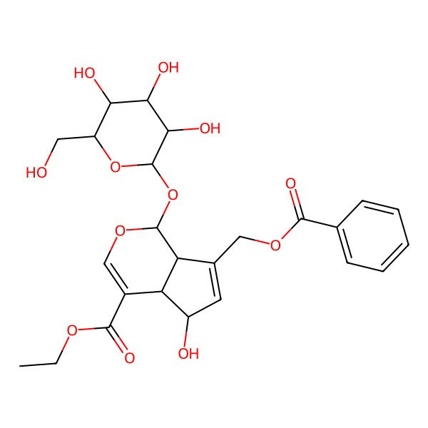 2D Structure of ethyl (1S,4aS,5S,7aS)-7-(benzoyloxymethyl)-5-hydroxy-1-[(2S,3R,4S,5S,6R)-3,4,5-trihydroxy-6-(hydroxymethyl)oxan-2-yl]oxy-1,4a,5,7a-tetrahydrocyclopenta[c]pyran-4-carboxylate
