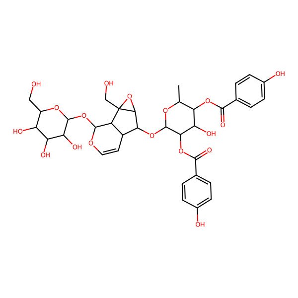 2D Structure of [(2S,3R,4R,5R,6S)-4-hydroxy-5-(4-hydroxybenzoyl)oxy-6-[[(1S,2S,4S,5S,6R,10S)-2-(hydroxymethyl)-10-[(2S,3R,4S,5S,6R)-3,4,5-trihydroxy-6-(hydroxymethyl)oxan-2-yl]oxy-3,9-dioxatricyclo[4.4.0.02,4]dec-7-en-5-yl]oxy]-2-methyloxan-3-yl] 4-hydroxybenzoate