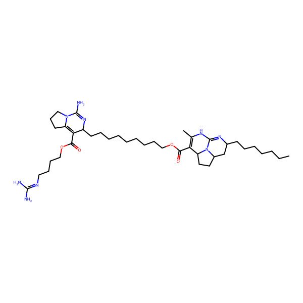 2D Structure of 9-[1-Amino-4-[4-(diaminomethylideneamino)butoxycarbonyl]-3,5,6,7-tetrahydropyrrolo[1,2-c]pyrimidin-3-yl]nonyl 10-heptyl-6-methyl-7,9,12-triazatricyclo[6.3.1.04,12]dodeca-5,8-diene-5-carboxylate