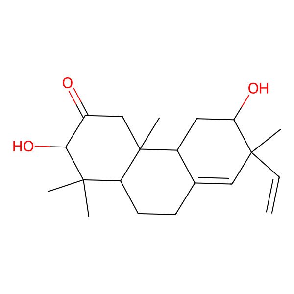 2D Structure of (4aS,4bS,7R,10aS)-7-ethenyl-2,6-dihydroxy-1,1,4a,7-tetramethyl-2,4,4b,5,6,9,10,10a-octahydrophenanthren-3-one 2D Structure of (4aS,4bS,7R,10aS)-7-ethenyl-2,6-dihydroxy-1,1,4a,7-tetramethyl-2,4,4b,5,6,9,10,10a-octahydrophenanthren-3-one