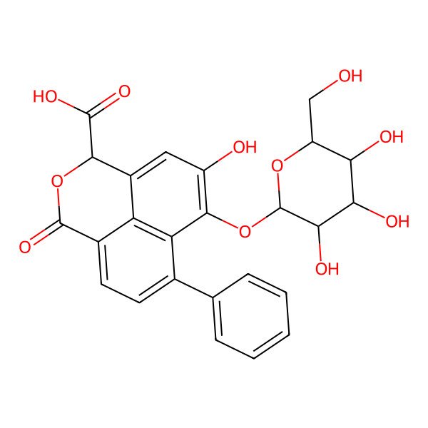 2D Structure of (2S)-11-hydroxy-4-oxo-8-phenyl-10-[(2S,3R,4S,5S,6R)-3,4,5-trihydroxy-6-(hydroxymethyl)oxan-2-yl]oxy-3-oxatricyclo[7.3.1.05,13]trideca-1(12),5(13),6,8,10-pentaene-2-carboxylic acid