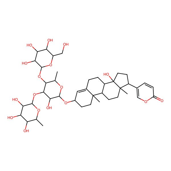 2D Structure of 5-[(3R,8R,9S,10R,13S,14S,17R)-14-hydroxy-3-[(2S,3R,4S,5R,6R)-3-hydroxy-6-methyl-5-[(2R,3S,4R,5R,6S)-3,4,5-trihydroxy-6-(hydroxymethyl)oxan-2-yl]oxy-4-[(2S,3R,4R,5S,6R)-3,4,5-trihydroxy-6-methyloxan-2-yl]oxyoxan-2-yl]oxy-10,13-dimethyl-1,2,3,6,7,8,9,11,12,15,16,17-dodecahydrocyclopenta[a]phenanthren-17-yl]pyran-2-one