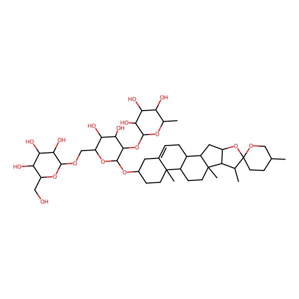 2D Structure of (2S,3R,4R,5R,6S)-2-[(2R,3R,4S,5S,6R)-4,5-dihydroxy-2-[(1S,2S,4S,5'R,6R,7S,8R,9S,12S,13R,16S)-5',7,9,13-tetramethylspiro[5-oxapentacyclo[10.8.0.02,9.04,8.013,18]icos-18-ene-6,2'-oxane]-16-yl]oxy-6-[[(2R,3R,4S,5S,6R)-3,4,5-trihydroxy-6-(hydroxymethyl)oxan-2-yl]oxymethyl]oxan-3-yl]oxy-6-methyloxane-3,4,5-triol