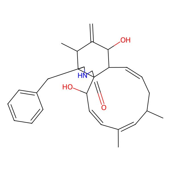 2D Structure of 16-Benzyl-2,12-dihydroxy-5,7,14-trimethyl-13-methylidene-17-azatricyclo[9.7.0.01,15]octadeca-3,5,9-trien-18-one