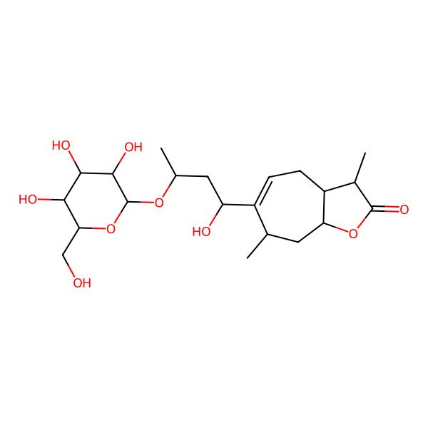 2D Structure of 6-[1-Hydroxy-3-[3,4,5-trihydroxy-6-(hydroxymethyl)oxan-2-yl]oxybutyl]-3,7-dimethyl-3,3a,4,7,8,8a-hexahydrocyclohepta[b]furan-2-one