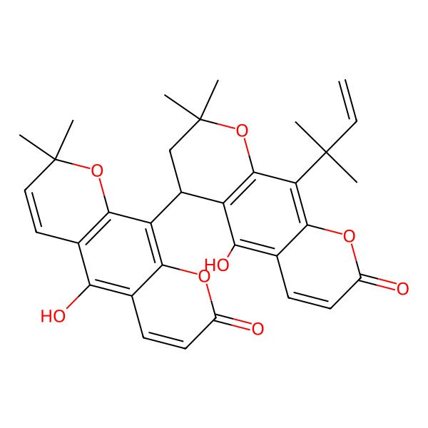 2D Structure of 5-Hydroxy-10-[5-hydroxy-2,2-dimethyl-10-(2-methylbut-3-en-2-yl)-8-oxo-3,4-dihydropyrano[3,2-g]chromen-4-yl]-2,2-dimethylpyrano[3,2-g]chromen-8-one