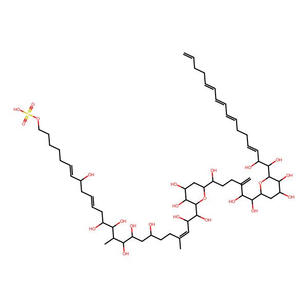 2D Structure of [(6E,10E,22E)-25-[6-[6-[6-[(3E,7E,9E,11E)-1,2-dihydroxyhexadeca-3,7,9,11,15-pentaenyl]-4,5-dihydroxyoxan-2-yl]-1,5,6-trihydroxy-4-methylidenehexyl]-3,4-dihydroxyoxan-2-yl]-8,13,14,16,17,19,24,25-octahydroxy-15,22-dimethylpentacosa-6,10,22-trienyl] hydrogen sulfate