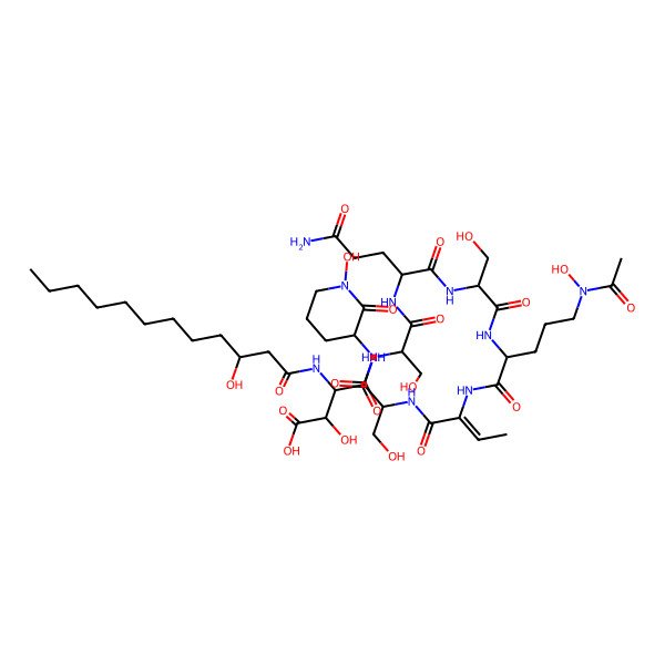 2D Structure of 4-[[1-[[1-[[1-[[5-[Acetyl(hydroxy)amino]-1-[[1-[[3-hydroxy-1-[(1-hydroxy-2-oxopiperidin-3-yl)amino]-1-oxopropan-2-yl]amino]-1-oxobut-2-en-2-yl]amino]-1-oxopentan-2-yl]amino]-3-hydroxy-1-oxopropan-2-yl]amino]-5-amino-1,5-dioxopentan-2-yl]amino]-3-hydroxy-1-oxopropan-2-yl]amino]-2-hydroxy-3-(3-hydroxydodecanoylamino)-4-oxobutanoic acid