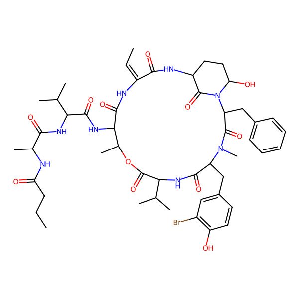 2D Structure of N-[(15Z)-2-benzyl-5-[(3-bromo-4-hydroxyphenyl)methyl]-15-ethylidene-21-hydroxy-4,11-dimethyl-3,6,9,13,16,22-hexaoxo-8-propan-2-yl-10-oxa-1,4,7,14,17-pentazabicyclo[16.3.1]docosan-12-yl]-2-[[(2S)-2-(butanoylamino)propanoyl]amino]-3-methylbutanamide
