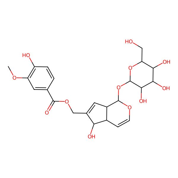 2D Structure of [5-Hydroxy-1-[3,4,5-trihydroxy-6-(hydroxymethyl)oxan-2-yl]oxy-1,4a,5,7a-tetrahydrocyclopenta[c]pyran-6-yl]methyl 4-hydroxy-3-methoxybenzoate
