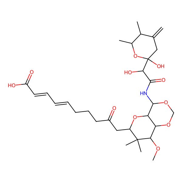 2D Structure of 10-[4-[[2-hydroxy-2-(2-hydroxy-5,6-dimethyl-4-methylideneoxan-2-yl)acetyl]amino]-8-methoxy-7,7-dimethyl-4a,6,8,8a-tetrahydro-4H-pyrano[3,2-d][1,3]dioxin-6-yl]-9-oxodeca-2,4-dienoic acid