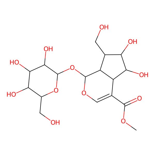 2D Structure of methyl (1S,4aS,5R,6R,7S,7aR)-5,6-dihydroxy-7-(hydroxymethyl)-1-[(2S,3R,4S,5S,6R)-3,4,5-trihydroxy-6-(hydroxymethyl)oxan-2-yl]oxy-1,4a,5,6,7,7a-hexahydrocyclopenta[c]pyran-4-carboxylate