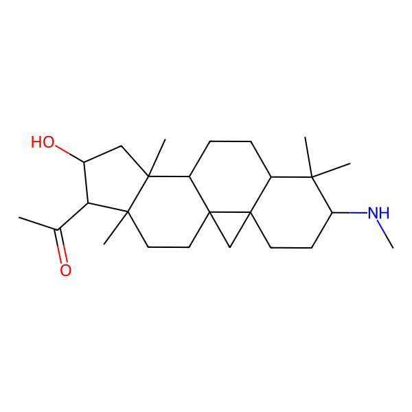 2D Structure of 1-[14-Hydroxy-7,7,12,16-tetramethyl-6-(methylamino)-15-pentacyclo[9.7.0.01,3.03,8.012,16]octadecanyl]ethanone