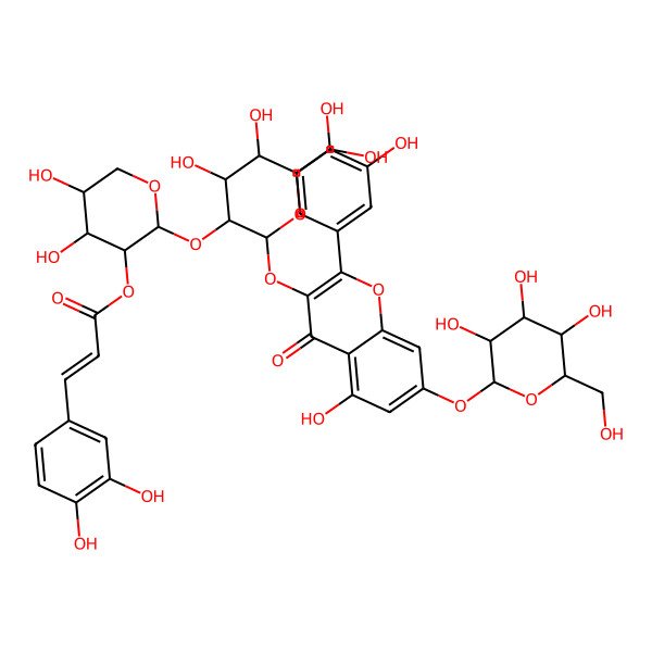 2D Structure of [(2R,3R,4S,5S)-2-[(2S,3R,4S,5S,6S)-2-[2-(3,4-dihydroxyphenyl)-5-hydroxy-4-oxo-7-[(2S,3R,4S,5S,6S)-3,4,5-trihydroxy-6-(hydroxymethyl)oxan-2-yl]oxychromen-3-yl]oxy-4,5-dihydroxy-6-(hydroxymethyl)oxan-3-yl]oxy-4,5-dihydroxyoxan-3-yl] (E)-3-(3,4-dihydroxyphenyl)prop-2-enoate