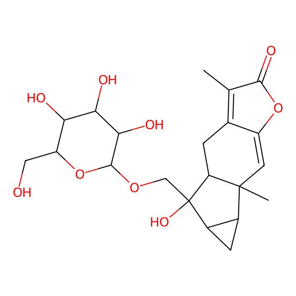 2D Structure of (1R,9S,10R,12S,13S)-13-hydroxy-4,9-dimethyl-13-[[(2S,3S,4R,5R,6S)-3,4,5-trihydroxy-6-(hydroxymethyl)oxan-2-yl]oxymethyl]-6-oxatetracyclo[7.4.0.03,7.010,12]trideca-3,7-dien-5-one