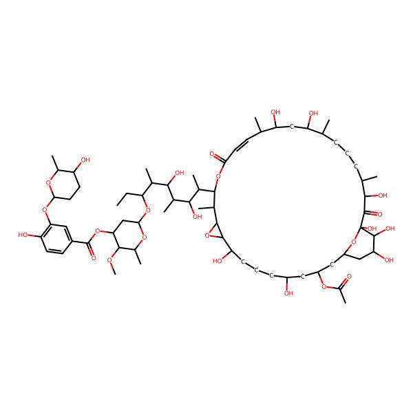 2D Structure of [6-[8-(3-Acetyloxy-5,9,20,22,28,30,31,32-octahydroxy-13,19,23,27-tetramethyl-16,29-dioxo-11,15,34-trioxatricyclo[28.3.1.010,12]tetratriacont-17-en-14-yl)-5,7-dihydroxy-4,6-dimethylnonan-3-yl]oxy-3-methoxy-2-methyloxan-4-yl] 4-hydroxy-3-(5-hydroxy-6-methyloxan-2-yl)oxybenzoate