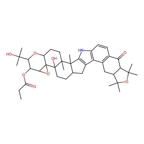 2D Structure of [13-Hydroxy-8-(2-hydroxypropan-2-yl)-2,3,23,23,25,25-hexamethyl-27-oxo-7,11,24-trioxa-32-azanonacyclo[16.14.0.02,16.03,13.06,12.010,12.019,31.020,28.022,26]dotriaconta-1(18),19(31),20(28),29-tetraen-9-yl] propanoate