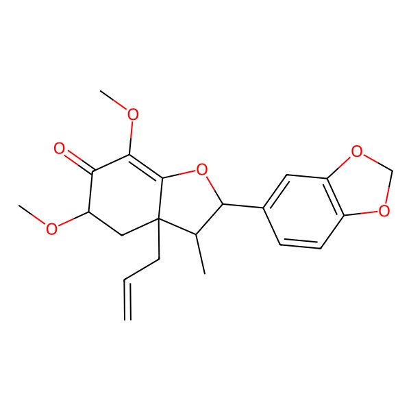 2D Structure of (2R,3R,3aR,5S)-2-(1,3-benzodioxol-5-yl)-5,7-dimethoxy-3-methyl-3a-prop-2-enyl-2,3,4,5-tetrahydro-1-benzofuran-6-one