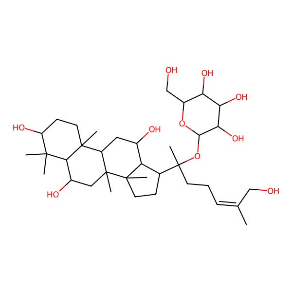 2D Structure of (2R,3S,4S,5R,6S)-2-(hydroxymethyl)-6-[(E,2S)-7-hydroxy-6-methyl-2-[(3S,5R,6S,8R,9R,10R,12R,13R,14R,17S)-3,6,12-trihydroxy-4,4,8,10,14-pentamethyl-2,3,5,6,7,9,11,12,13,15,16,17-dodecahydro-1H-cyclopenta[a]phenanthren-17-yl]hept-5-en-2-yl]oxyoxane-3,4,5-triol