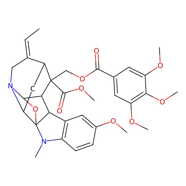 2D Structure of methyl (1R,9S,10S,11R,12S,13E,16S,18S)-13-ethylidene-6-methoxy-2-methyl-11-[(3,4,5-trimethoxybenzoyl)oxymethyl]-17-oxa-2,15-diazahexacyclo[10.5.2.01,9.03,8.010,16.015,18]nonadeca-3(8),4,6-triene-11-carboxylate