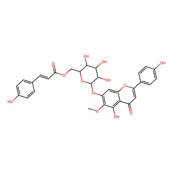 2D Structure of [(2S,3S,4S,5S,6S)-3,4,5-trihydroxy-6-[5-hydroxy-2-(4-hydroxyphenyl)-6-methoxy-4-oxochromen-7-yl]oxyoxan-2-yl]methyl (E)-3-(4-hydroxyphenyl)prop-2-enoate